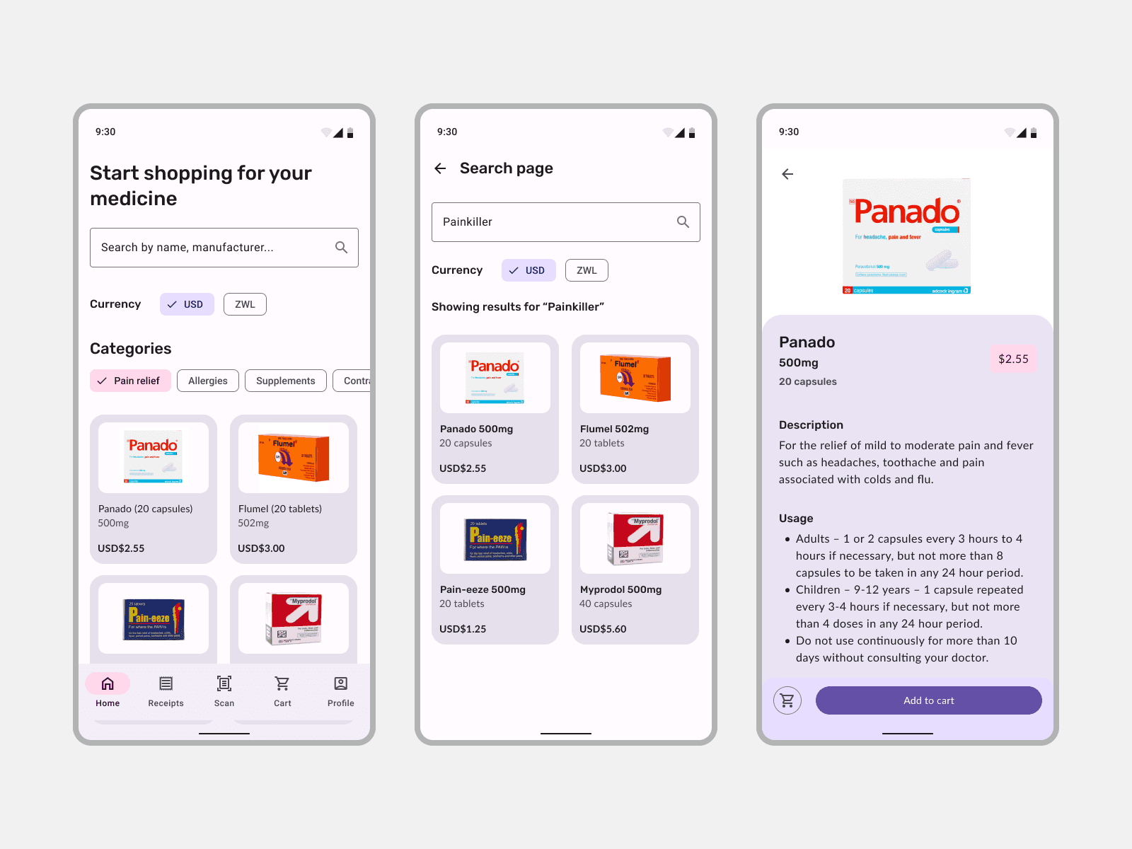 Screenshots showcasing the home screen and medicine item sub-screens