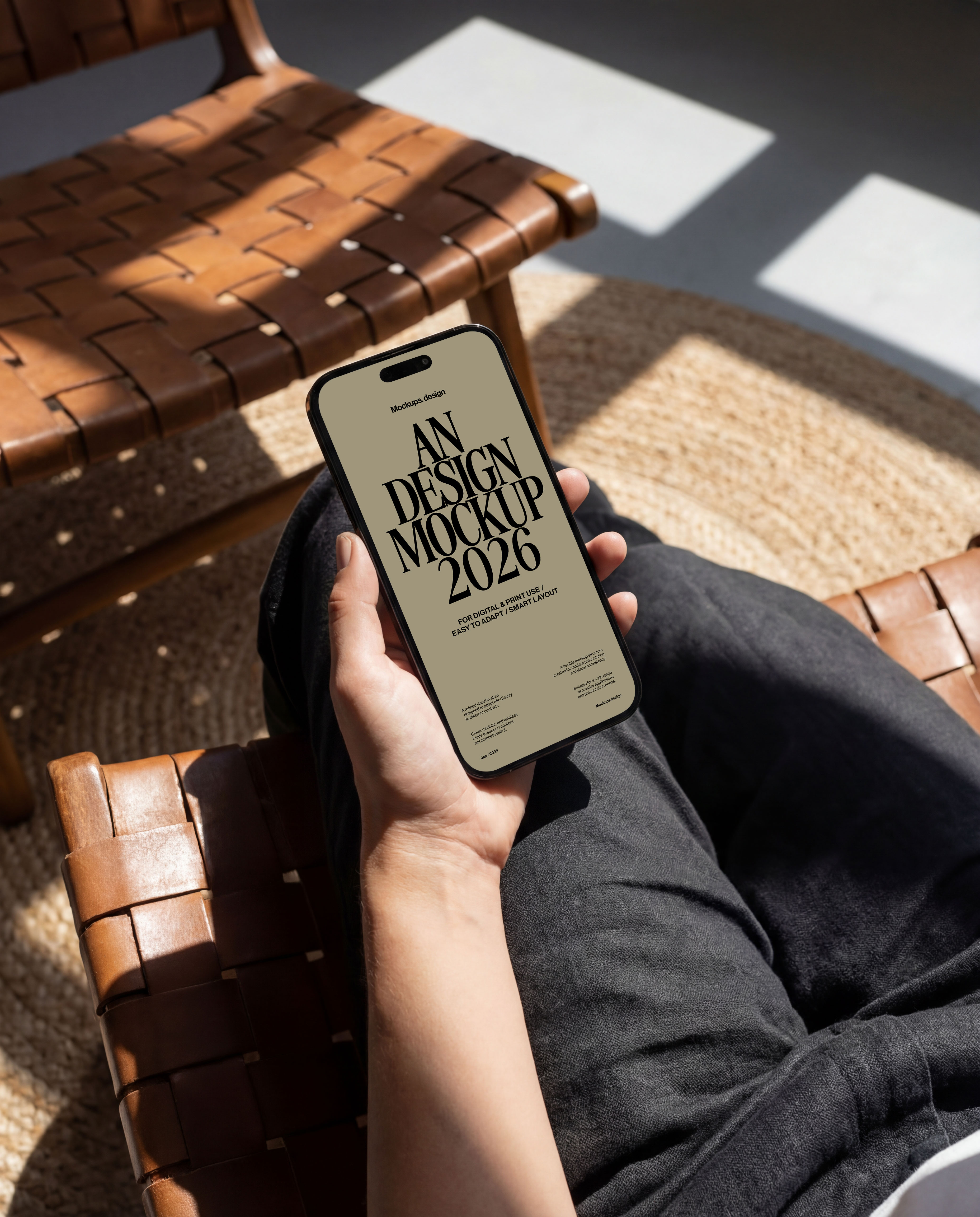 Man holding iPhone 16 mockup while seated on chair