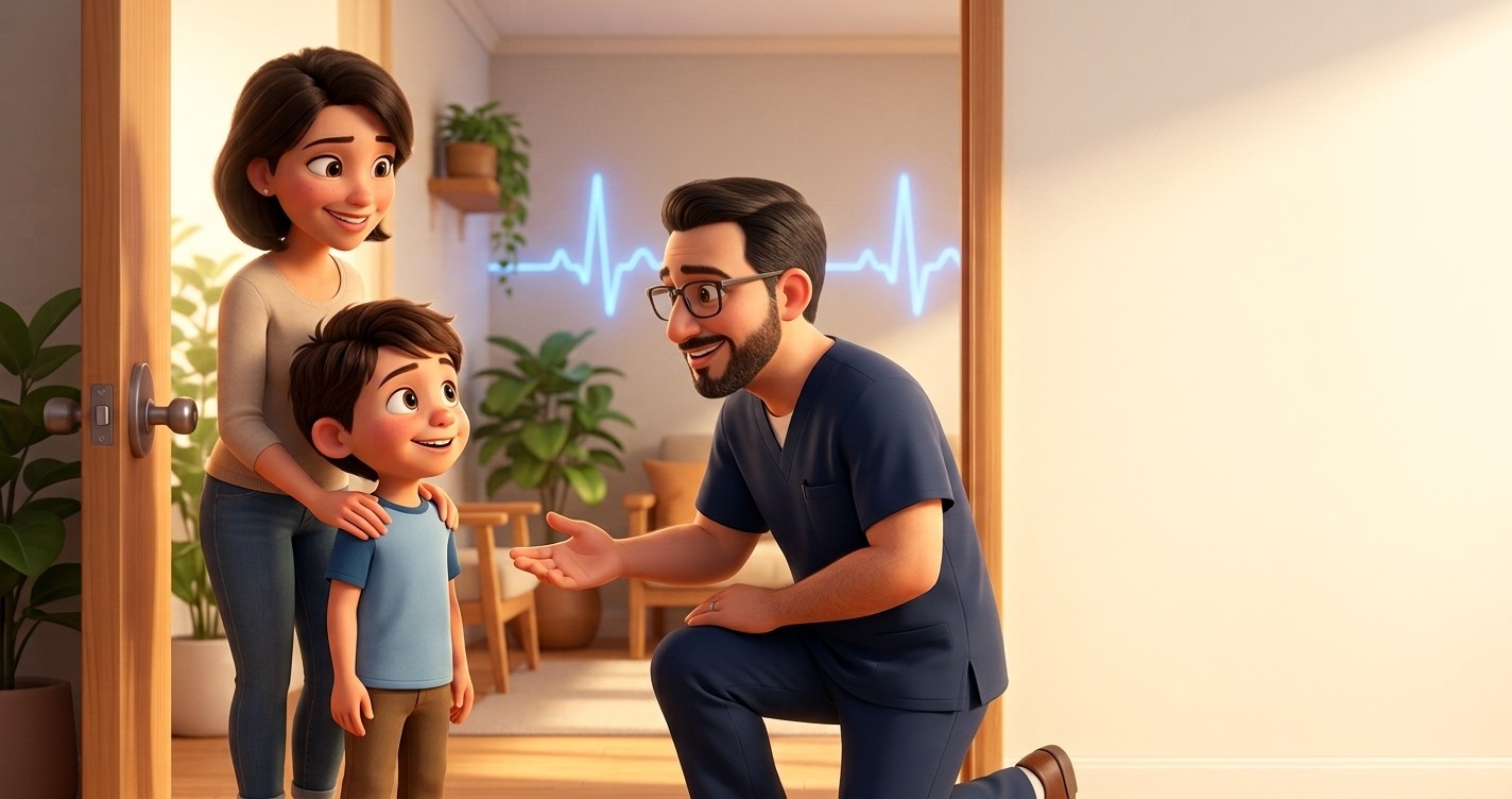 Ilustración del Dr. Ovidio Cortazar, electrofisiólogo cardíaco pediátrico en México, recibiendo en consulta a un niño y a su mamá — artículo sobre a qué doctor llevar a un niño si le late rápido el corazón.