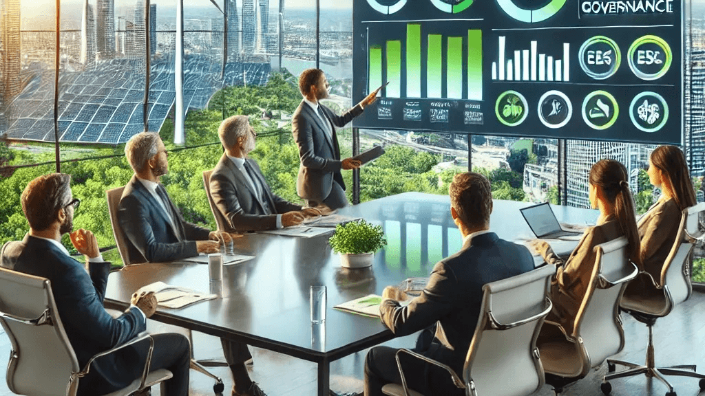 Réunion de dirigeants autour de la stratégie ESG et du reporting extra-financier dans un environnement d’entreprise durable