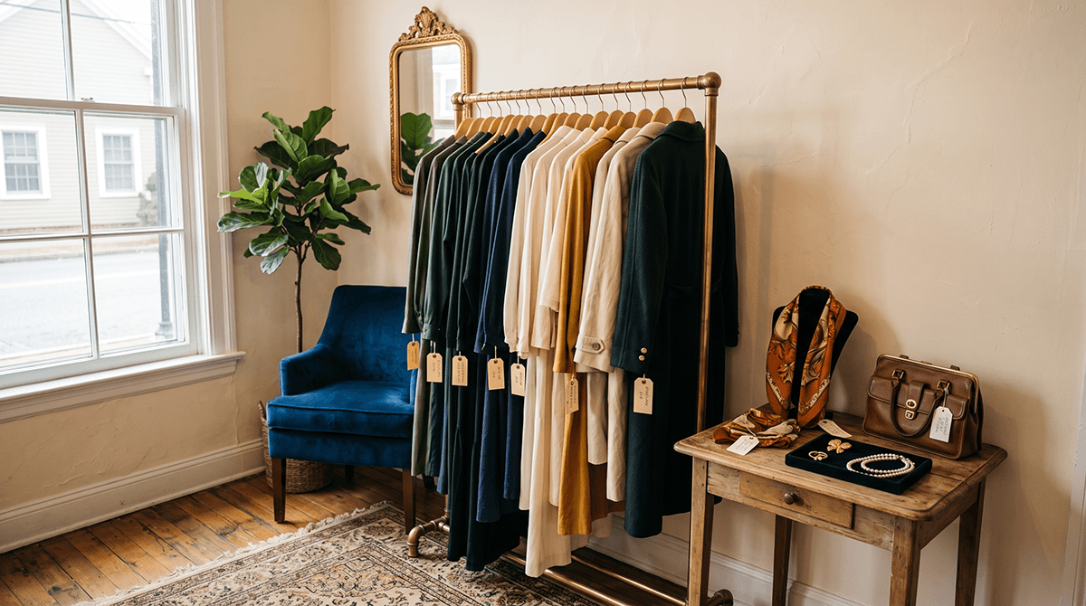 A curated room typical of consignment stores, featuring a gold clothing rack with garments, a blue velvet armchair, and a green houseplant