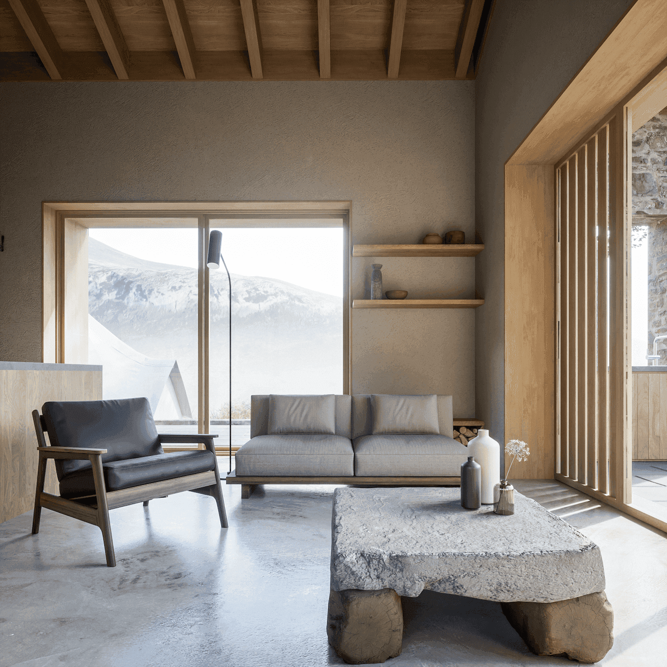 Child walking on a wooden beam with a large tree and swing nearby in a courtyard of modern wooden houses, while another person adjusts a bicycle.