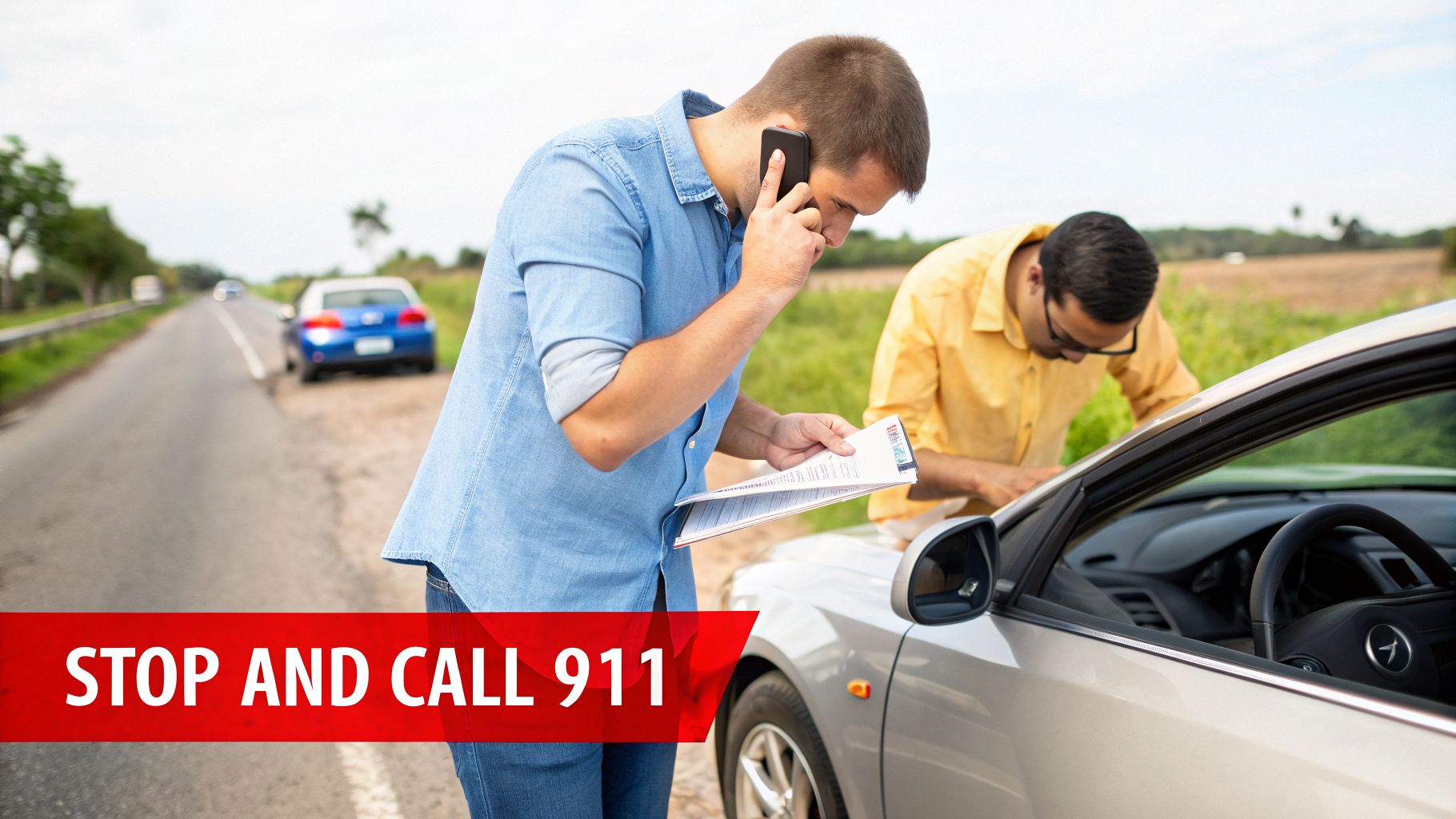 Two men on the side of a road after a car accident, one is on the phone.