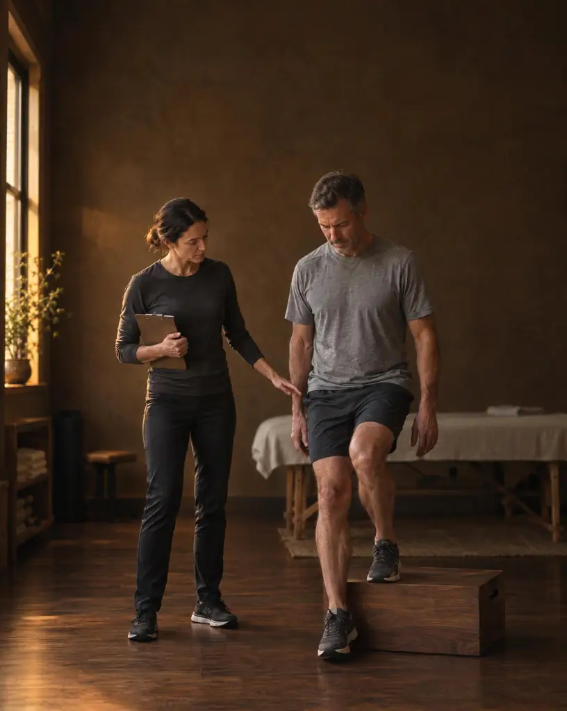 A physical therapist guiding a patient through a single-leg step-down