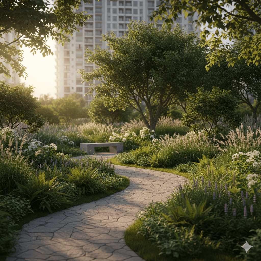 M3M Sultanpur Lucknow tranquil landscaped garden with pathway