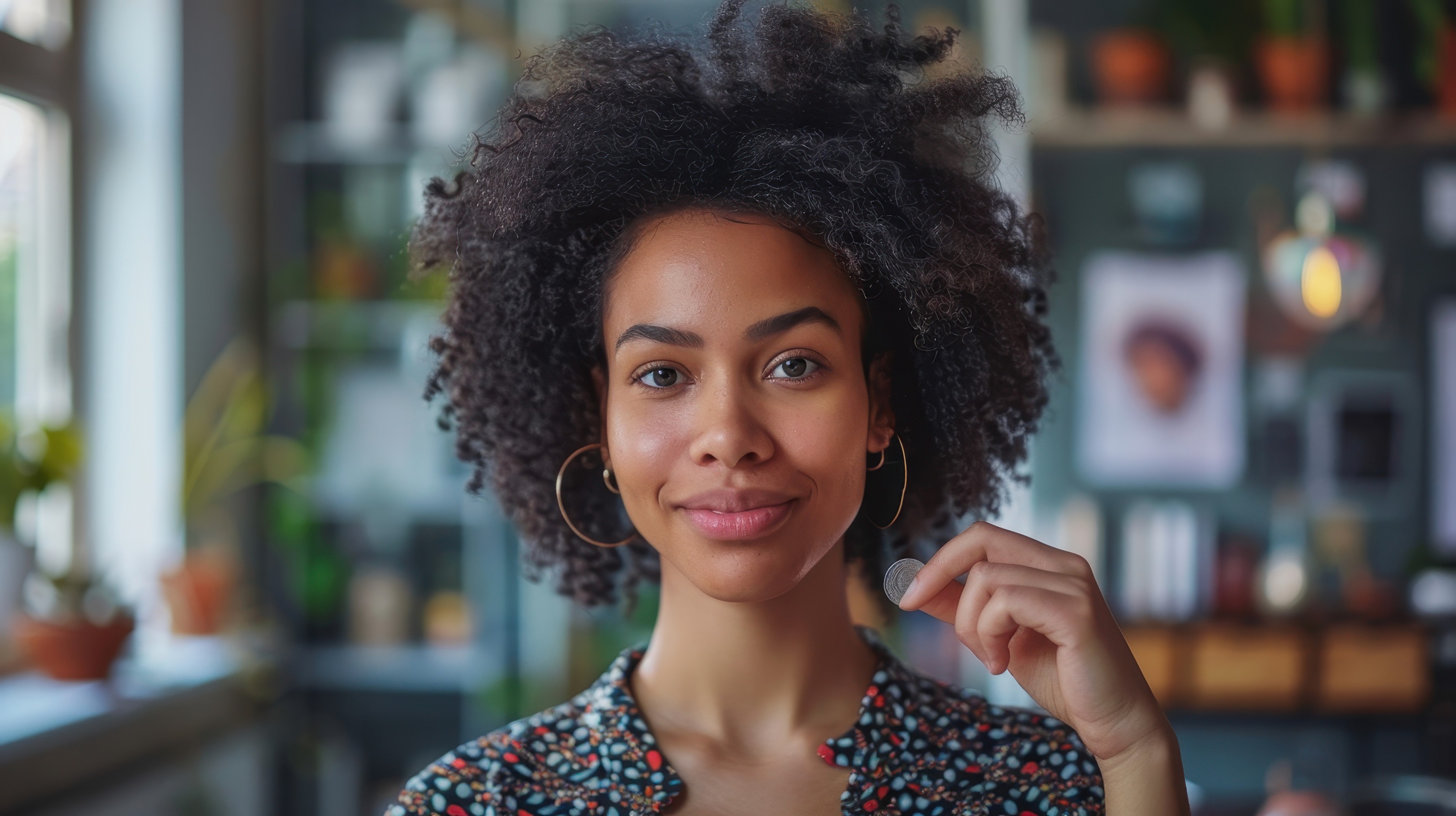 Woman with curly hair smiling at the camera indoors.