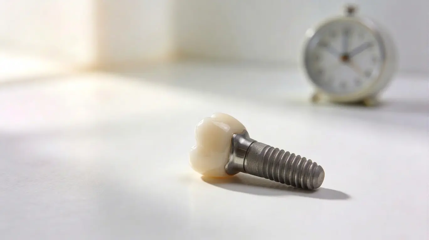 Fogászati implantátum közelről, háttérben órával, az implantáció és gyógyulás időtartamának szemléltetésére