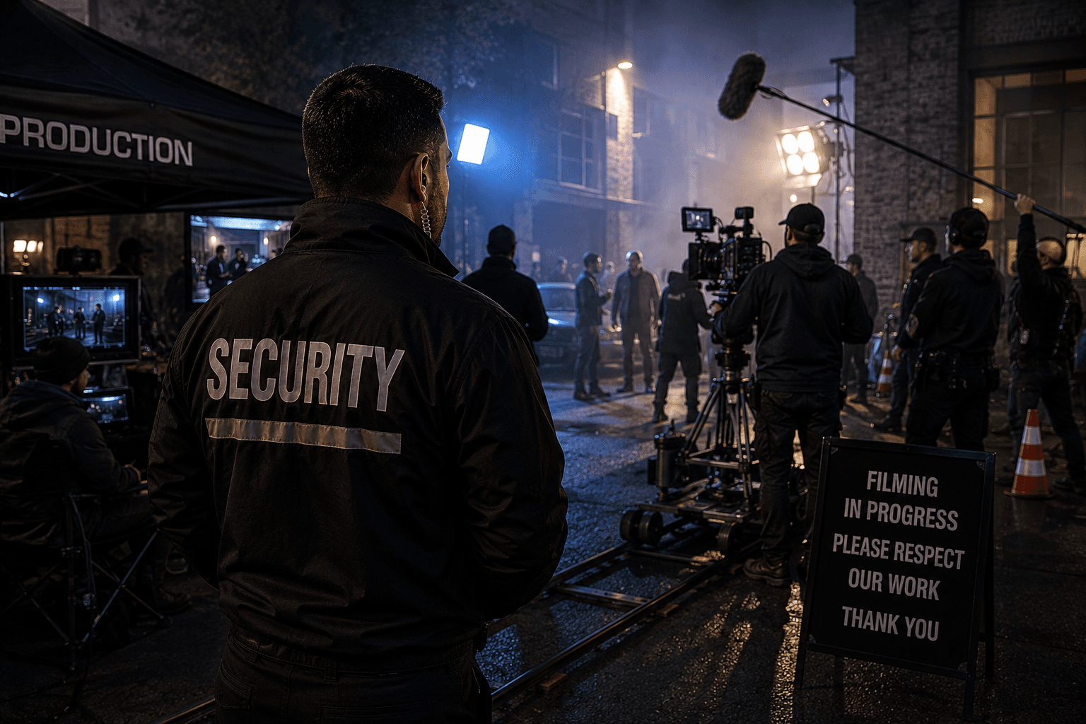 Security operative overseeing a TV and film production set with cameras, lighting rigs and film crew at night.