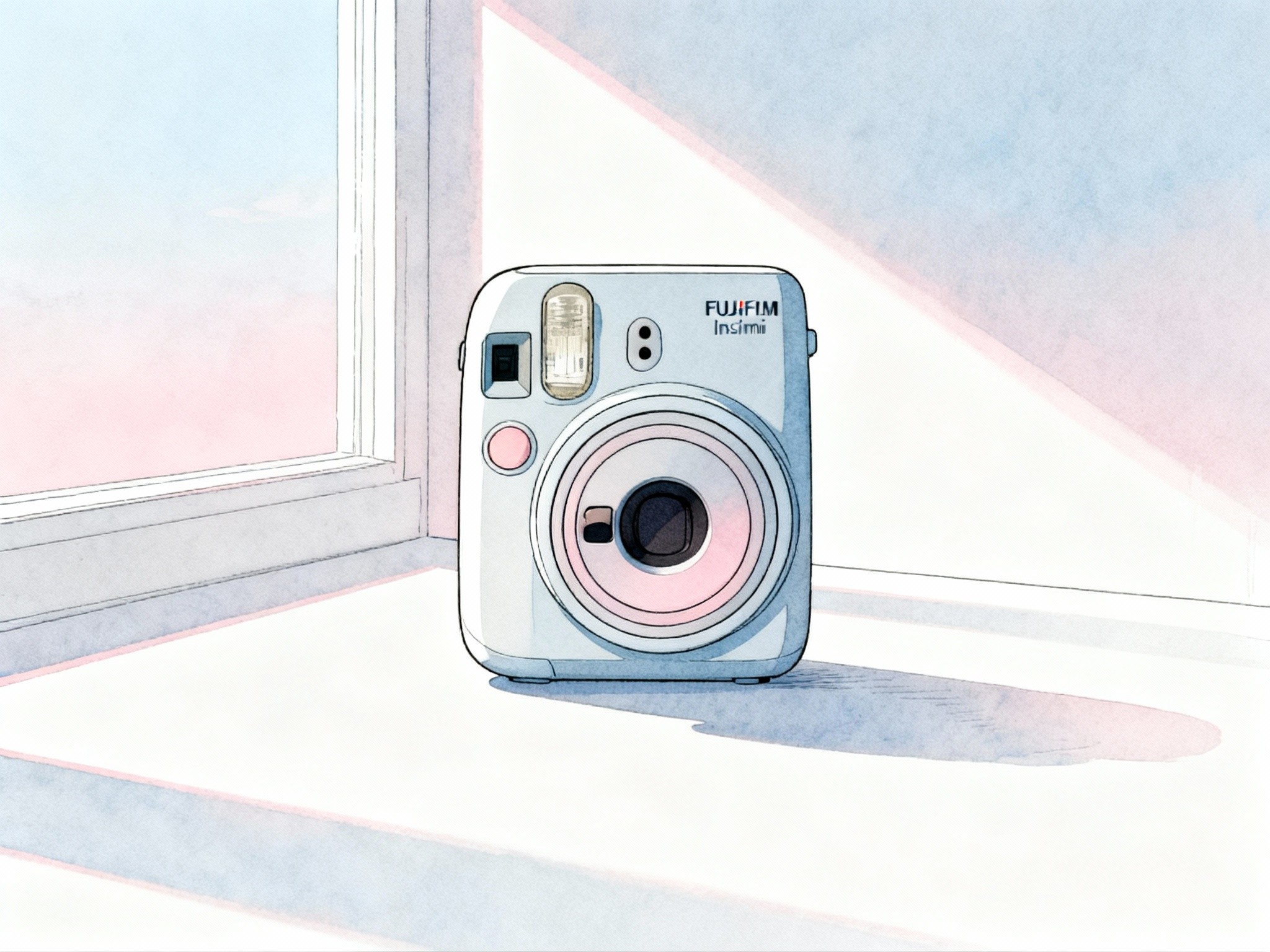A fine-art illustration in format depicting a vintage Fujifilm Instax Mini camera on a minimalist