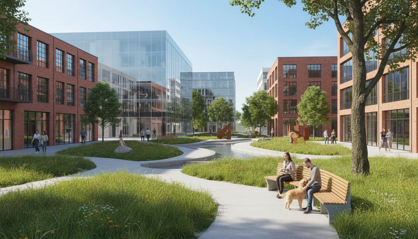 3D render of an urban park, architectural visualization in the style of Twinmotion. Lush, overgrown wild grass with concrete paths. The park is surrounded by modern mixed-use buildings, some with glass curtain walls, others with red brick facades. Small groups of people and a man with a dog are on park benches. Rendered with soft global illumination under bright, clear daylight. Photorealistic, clean, high-detail archviz style.