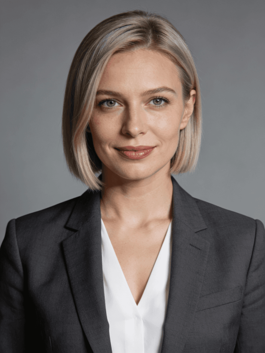 Portrait of a woman with short blonde hair wearing a gray blazer and white blouse, smiling subtly against a neutral gray background. Professional and confident tone.