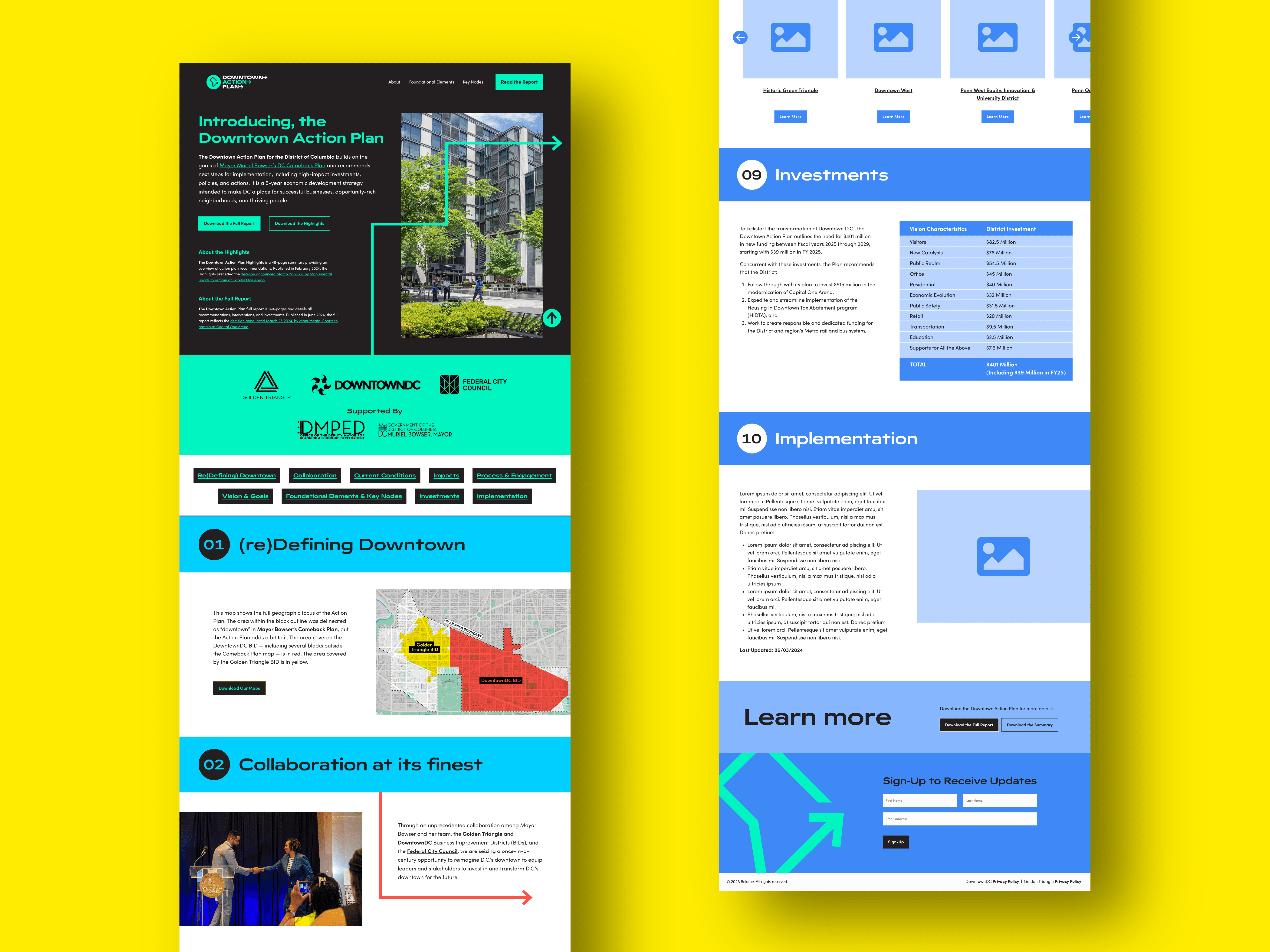 A mockup of the hero section of the home page of the DCA website. The left shows the fully designed page, the right shows the wireframe.