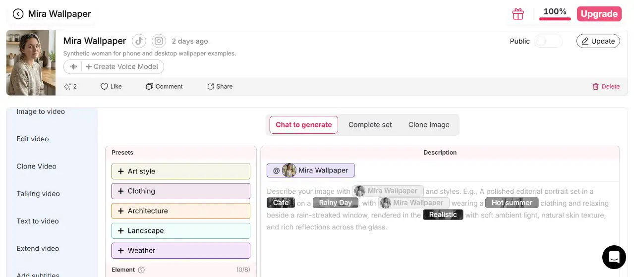サインインしたAPOB Generate Imageワークスペースには、Chat to generate、Complete set、Clone Image、プロンプトプリセット、およびElementスロットが表示されています。