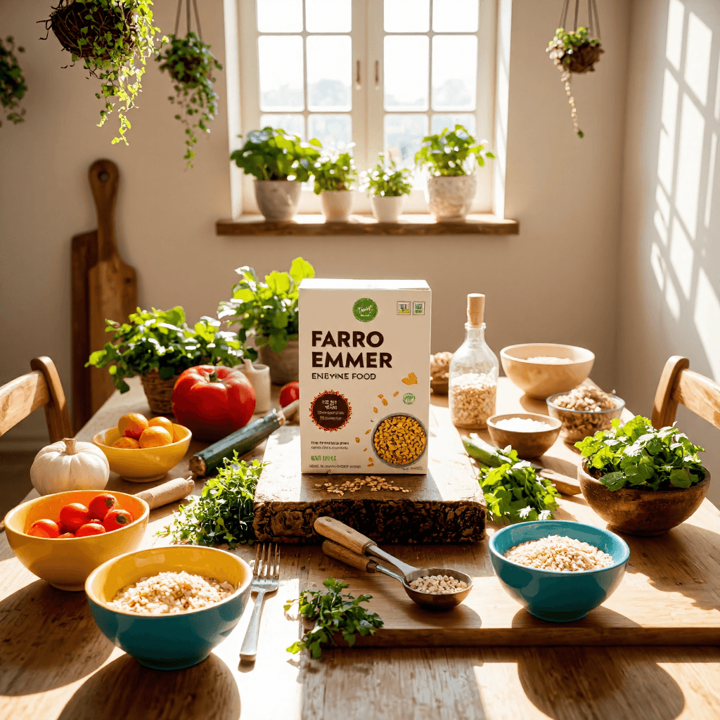 product photography of a box of Farro Emmer enzyme food
