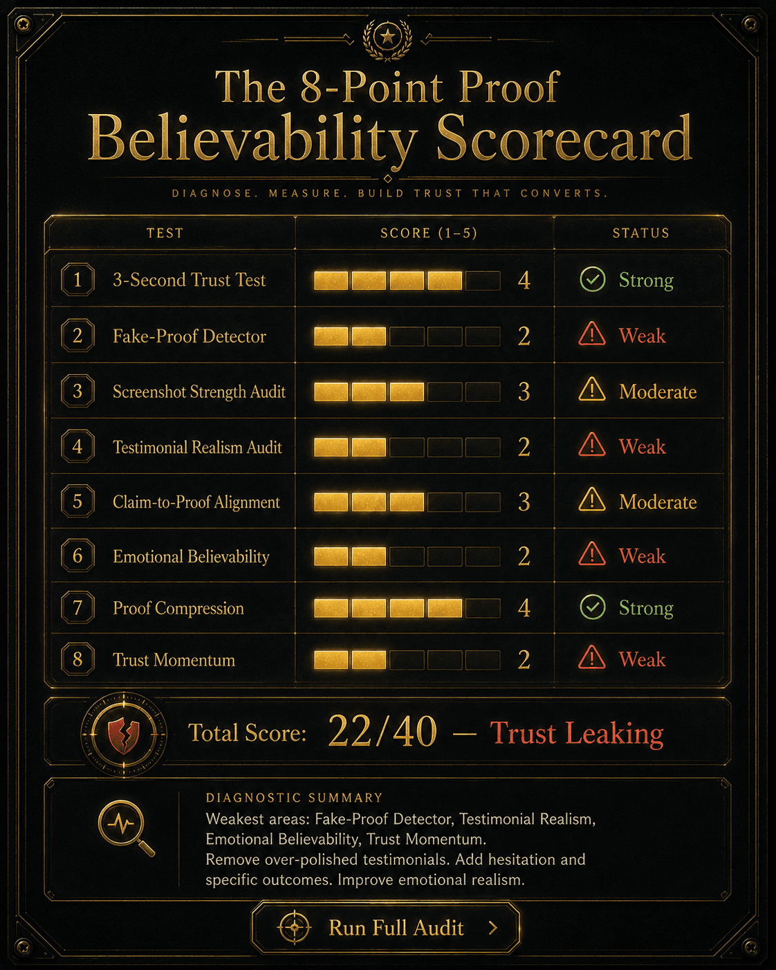“The 8-Point Proof Believability Scorecard” Concept: A minimalist, elegant diagnostic scorecard floating in darkness. The scorecard has 8 rows (one per test) with scores (1-5) and status indicators:  Test	Score (1-5)	Status 1. 3-Second Trust Test	▰▰▰▰▰ 4	✅ Strong 2. Fake-Proof Detector	▰▰▰▰▰ 2	⚠️ Weak 3. Screenshot Strength Audit	▰▰▰▰▰ 3	⚠️ Moderate 4. Testimonial Realism Audit	▰▰▰▰▰ 2	⚠️ Weak 5. Claim-to-Proof Alignment	▰▰▰▰▰ 3	⚠️ Moderate 6. Emotional Believability	▰▰▰▰▰ 2	⚠️ Weak 7. Proof Compression	▰▰▰▰▰ 4	✅ Strong 8. Trust Momentum	▰▰▰▰▰ 2	⚠️ Weak Total Score: 22/40 — “Trust Leaking”  Below the scorecard, a diagnostic summary: “Weakest areas: Fake-Proof Detector, Testimonial Realism, Emotional Believability, Trust Momentum. Remove over-polished testimonials. Add hesitation and specific outcomes. Improve emotional realism.”  Style: Luxury stationery meets diagnostic UI. Dark charcoal background, gold foil lines, serif for test names, monospace for scores. Glowing gold bars. Red/yellow/green status indicators.  Interaction: Hovering any test row expands a detailed explanation of that test, including diagnostic questions and weak/strong signals. Clicking the row allows the user to adjust the score (1-5); the total score and diagnostic summary update dynamically. A “Run Full Audit” button applies all 8 tests to a sample page.