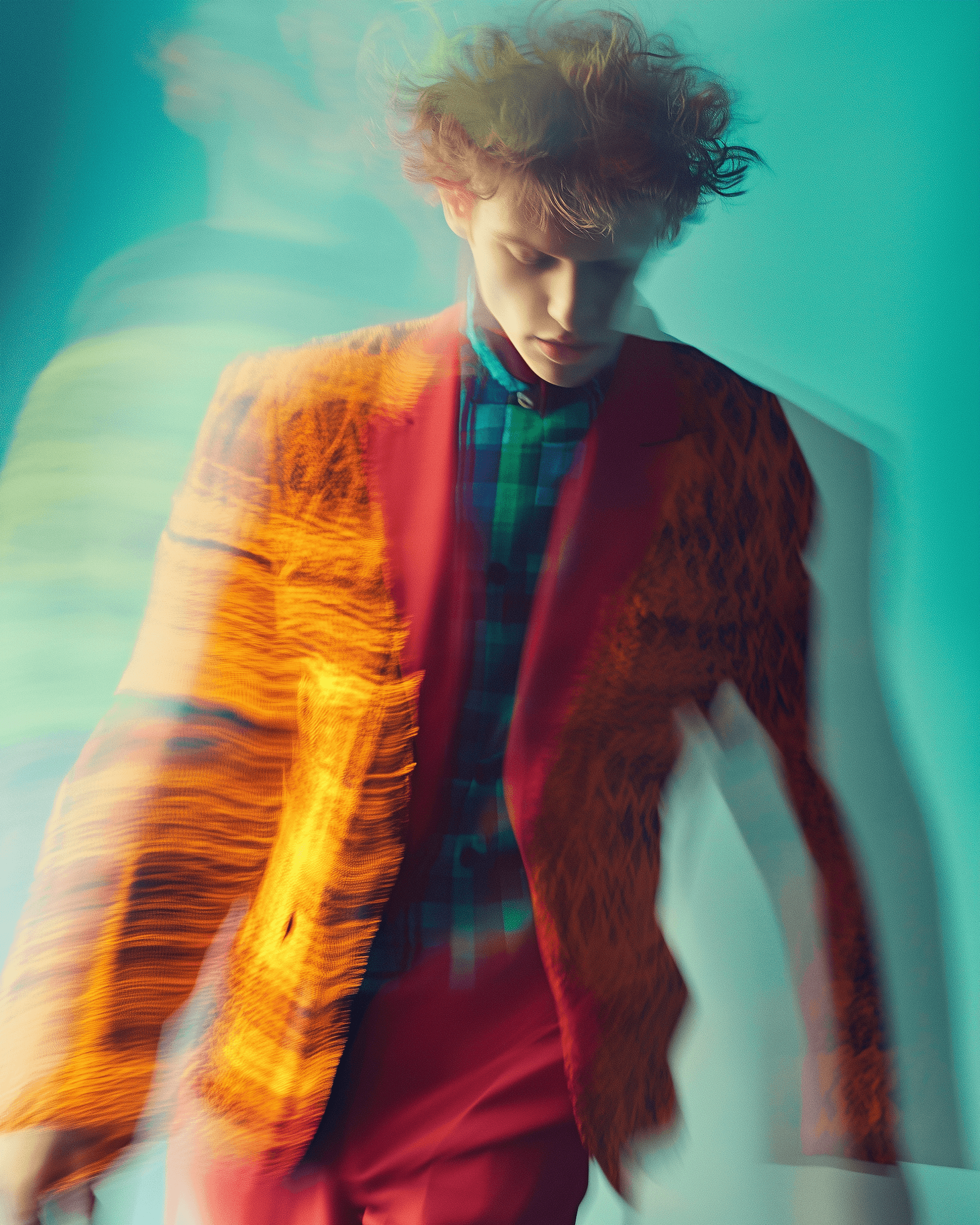 Portrait of a performer in a rust-colored jacket against a teal and blue background.