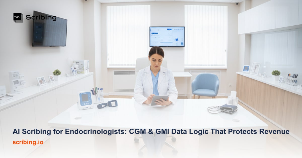 Endocrinologist workstation displaying CGM glucose monitoring data representing AI-powered clinical documentation for endocrine practices