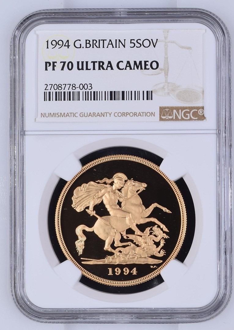 1994 Gold Proof Five Sovereign, NGC PF 70 Ultra Cameo