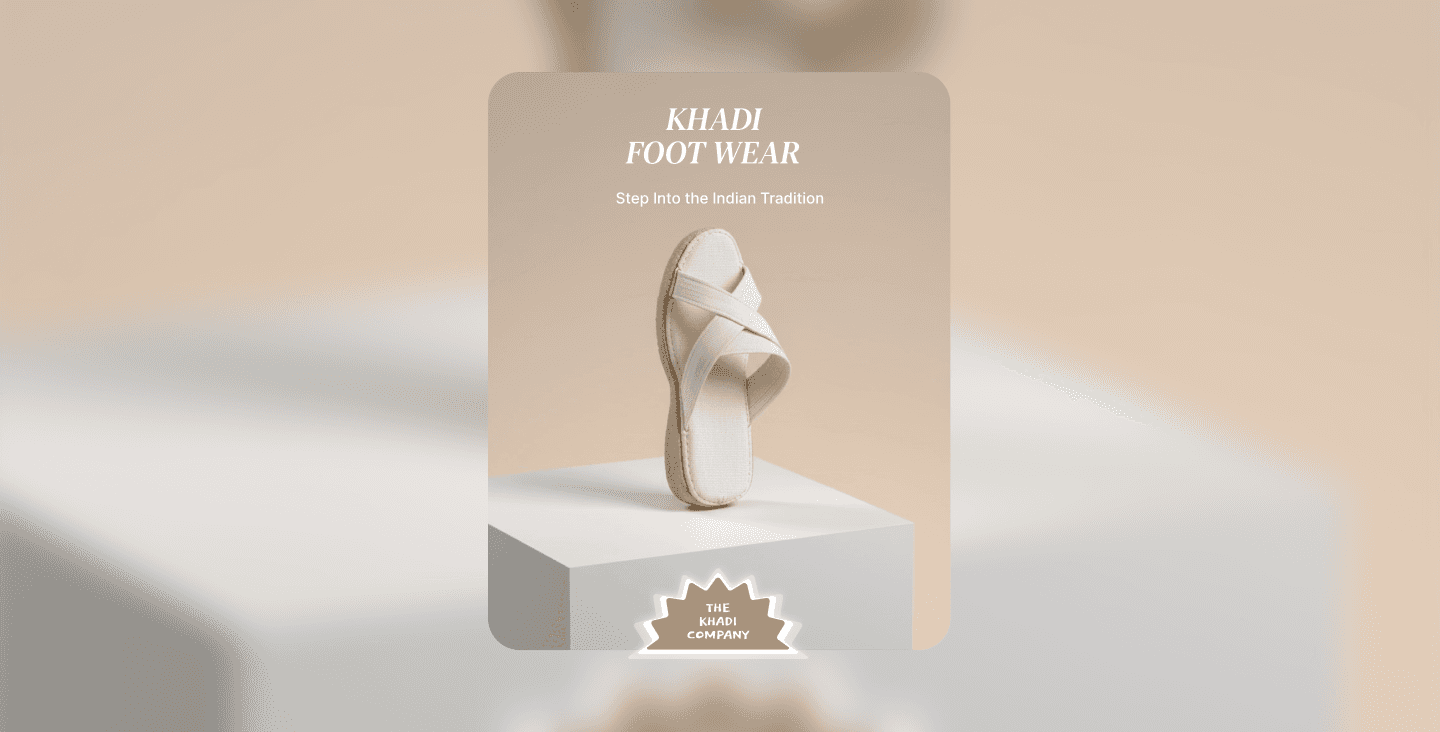 Khadi footwear ad - beige sandals on a pedestal