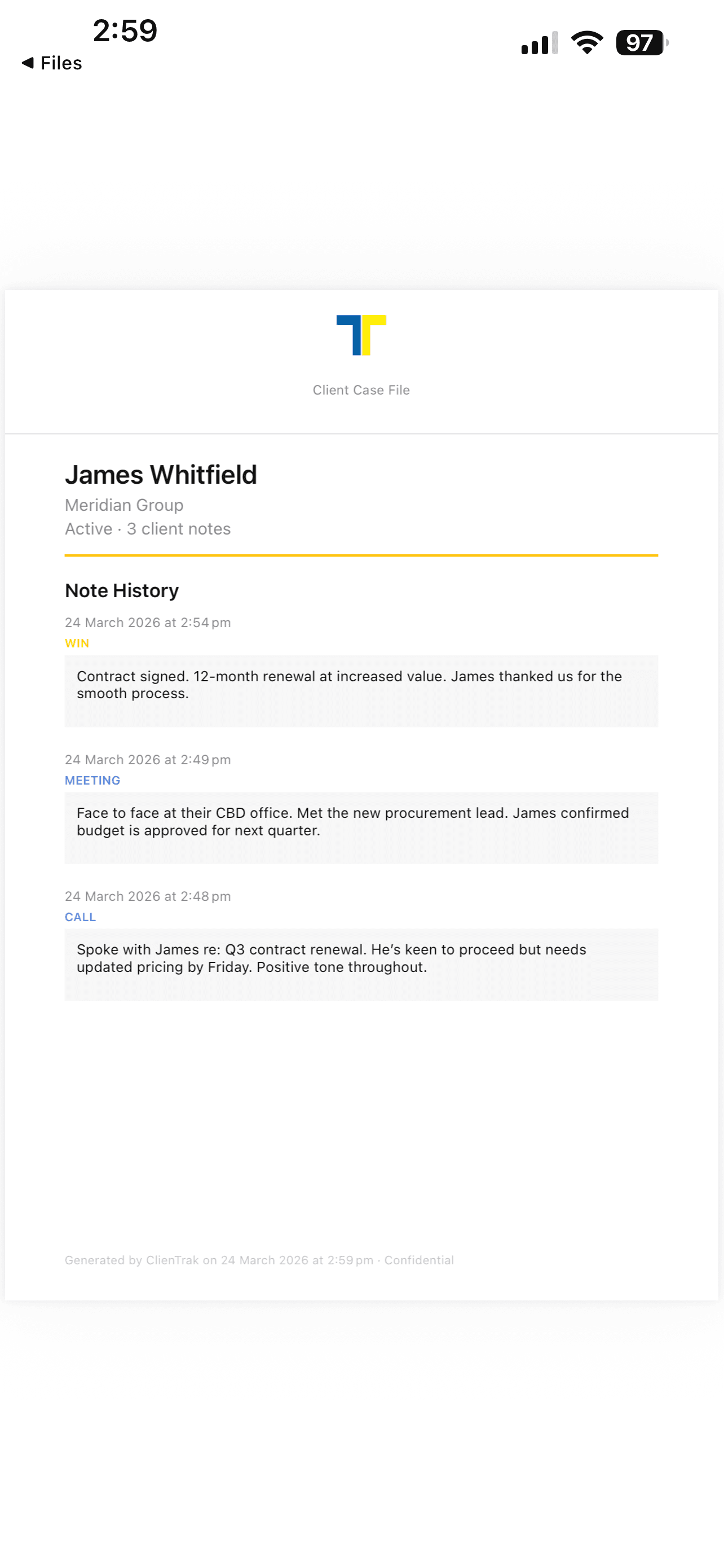 Cash up report with 3 tills including the till float, the til expected, the actual count and the variances between the 3 tills. Below the tills counts is a total physical count that results in a balanced till.