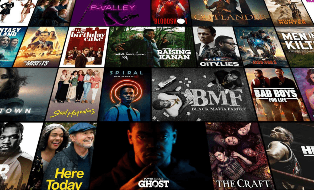 A grid of movie and TV show posters on Starz, including "P-Valley," "Outlander," and "Power Book II," showcasing a variety of genres and titles available on the service.