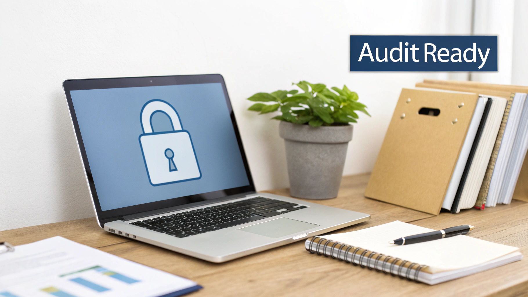 Laptop displaying a security padlock, 'Audit Ready' banner, potted plant, documents, and notebook on a wooden desk.