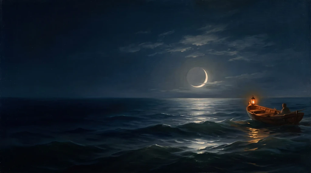A crescent moon over a calm night sea with a lantern boat