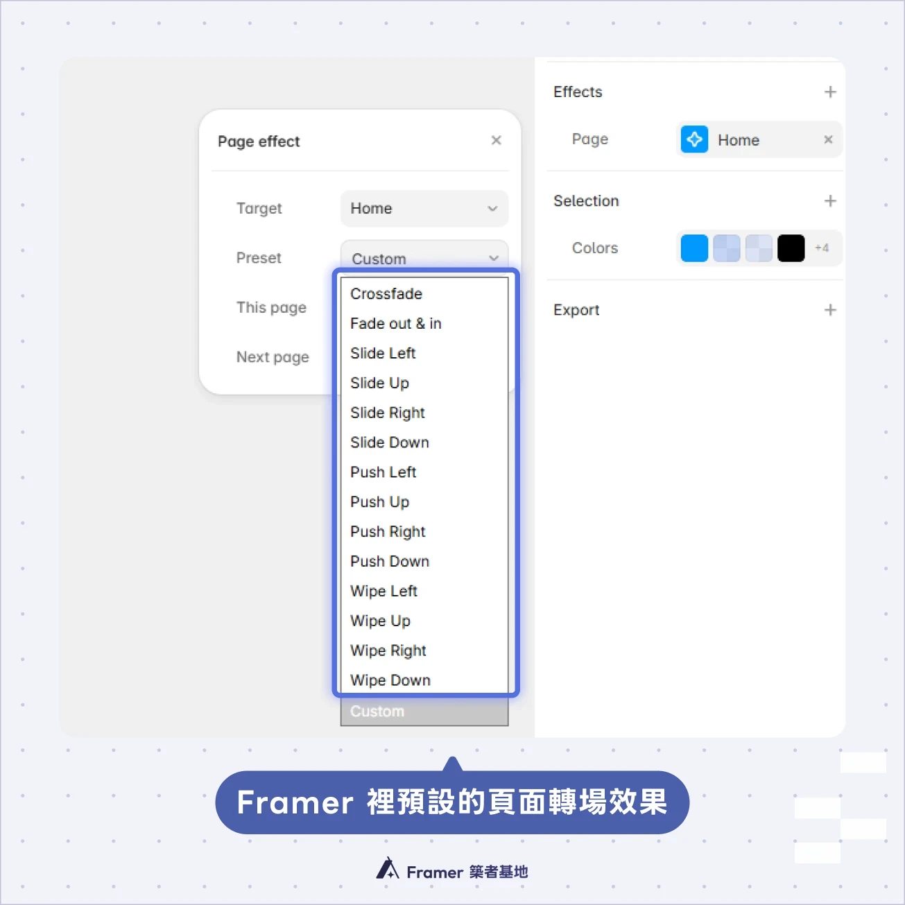 Framer Page Effect 設定面板，列出 Crossfade、Fade、Slide、Push 與 Wipe 等預設頁面轉場效果