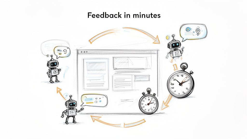 Illustration of AI robots providing fast, automated feedback on a UI/UX design workflow.