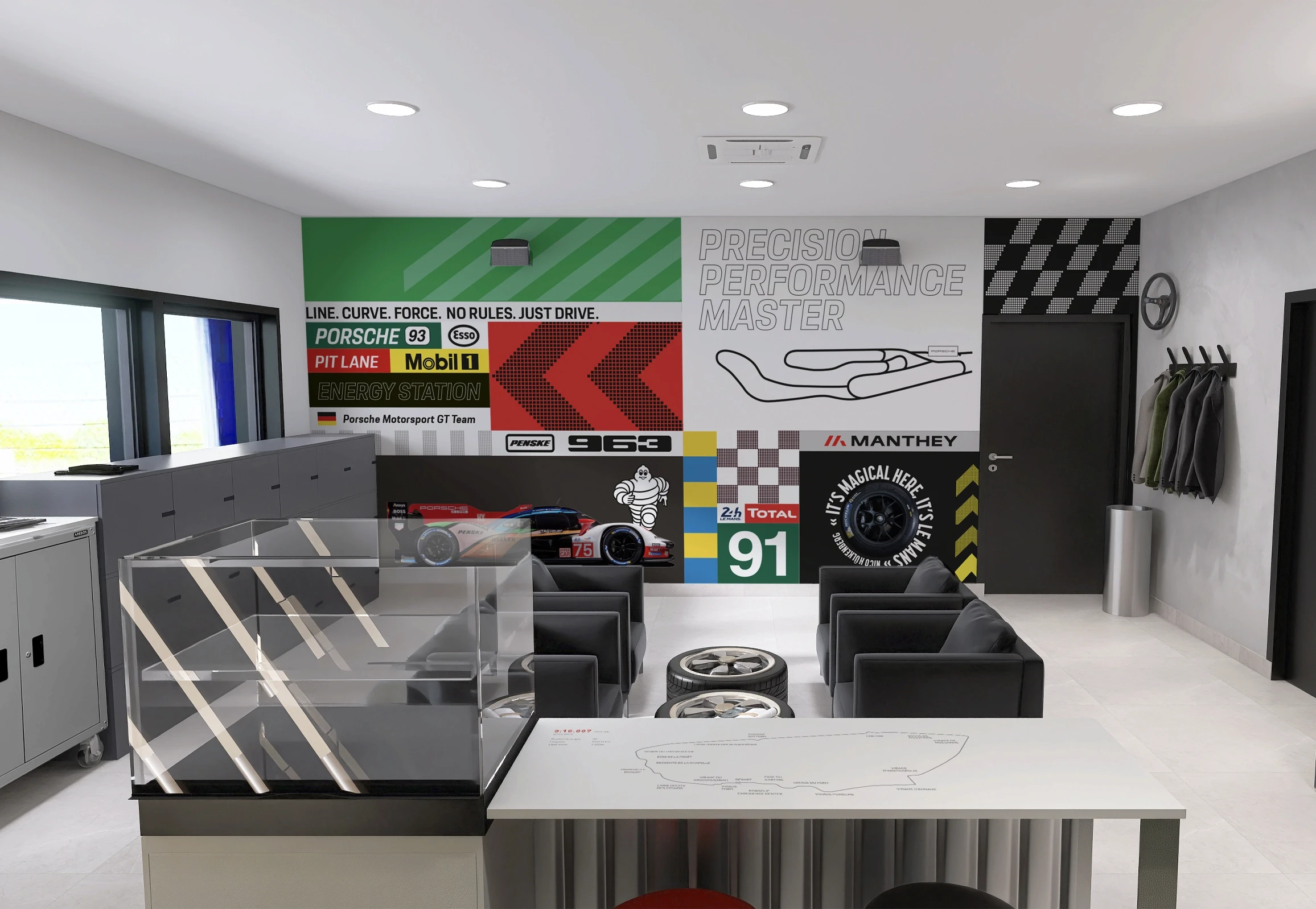 Porsche experience center, mur visuel de la salle de raccordement esprit pitlane