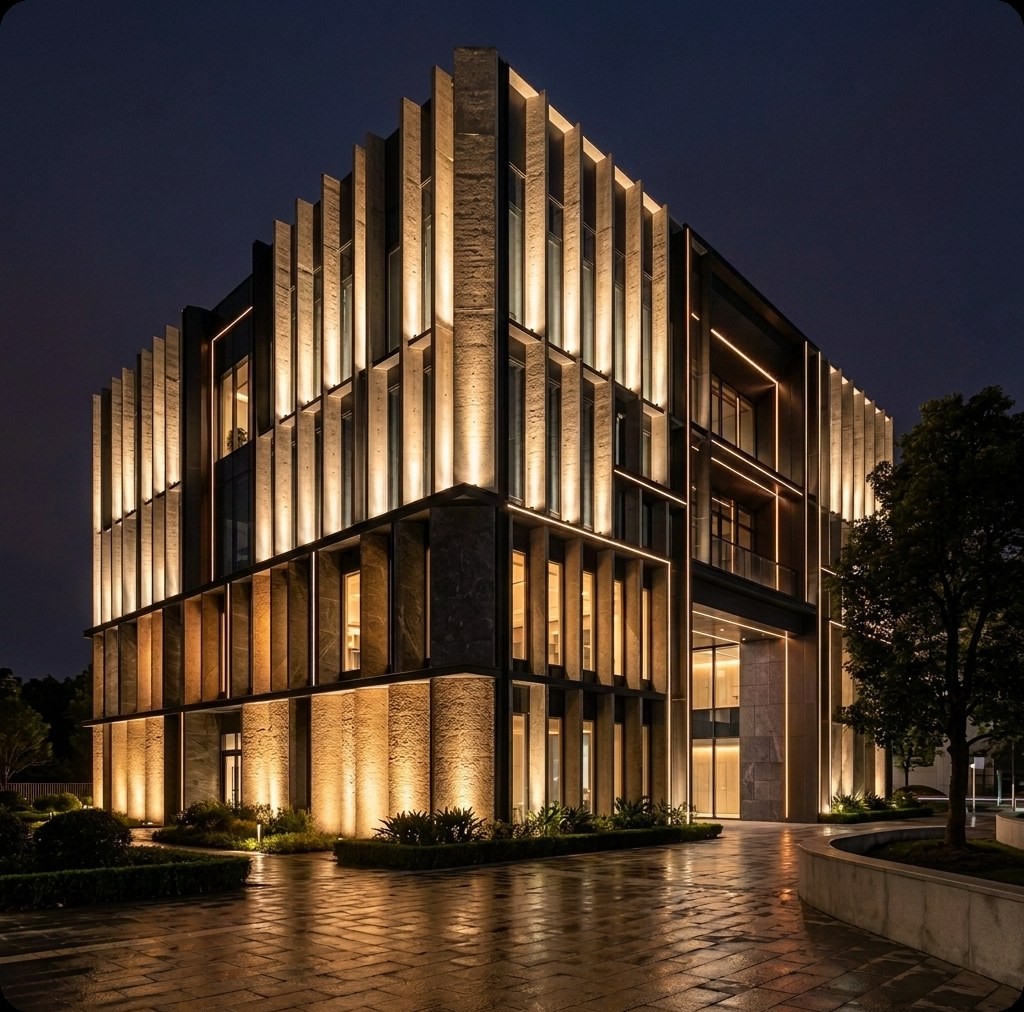 Villa facade at night with up and down wall lights either side of the entrance