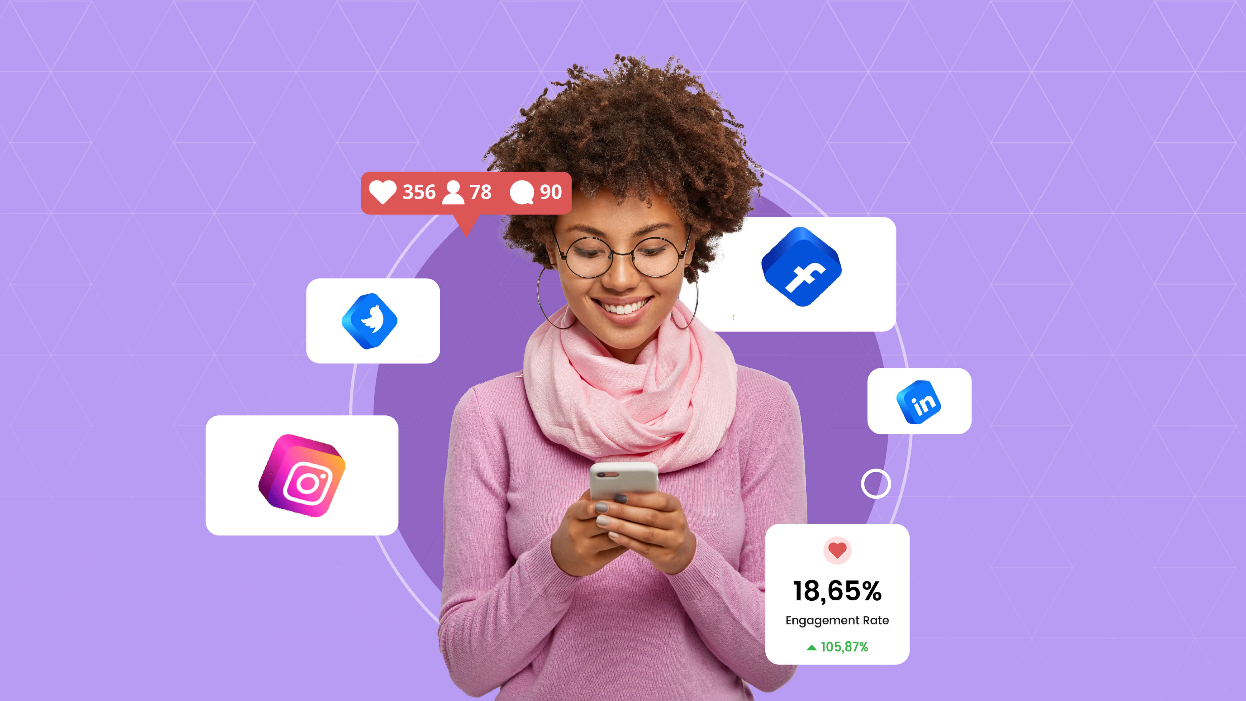 Woman in pink dress looking her phone happily. There are also Emojis of Social Media Applications