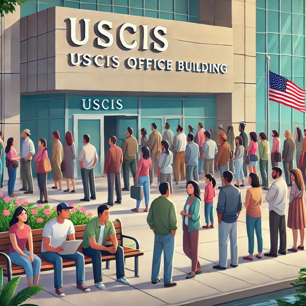 People waiting outside a USCIS office, symbolizing applicants seeking deferred action and immigration relief.