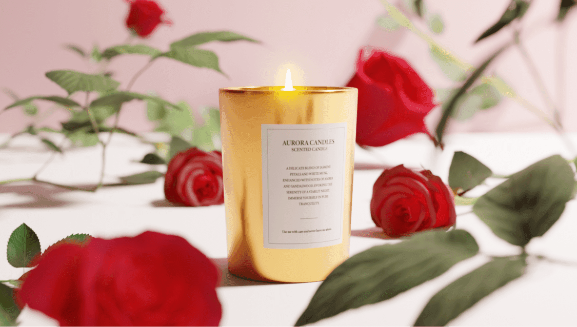 3D Digital Twin shot of gold candle on white table with scattered roses