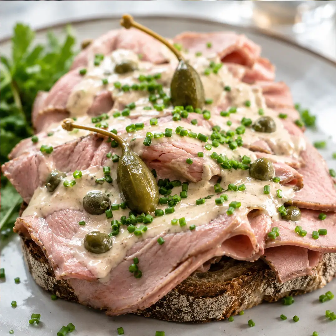 Zuurdesembrood belegd met rosbief, kappertjes en dressing