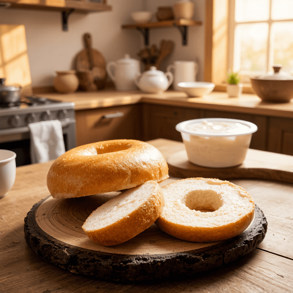 product photography of a plate of bagels with cream cheese