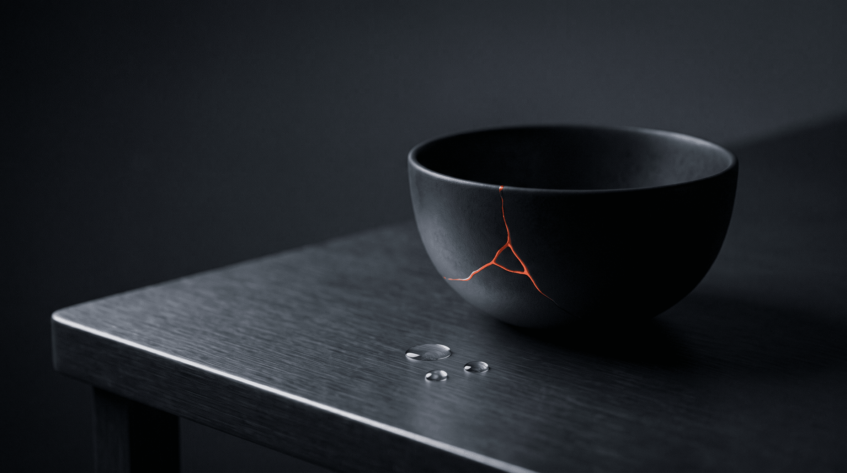 A cracked black bowl repaired with an orange seam, a few drops leaking onto the table