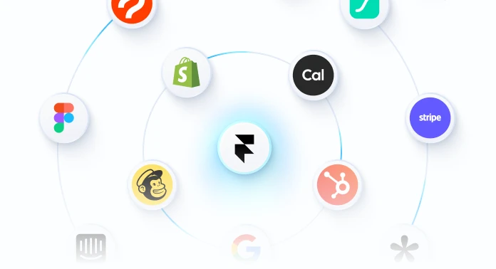 Logos d’outils intégrés avec Framer : Figma, Shopify, Stripe, HubSpot, Google, Mailchimp, Calendrier et autres applications