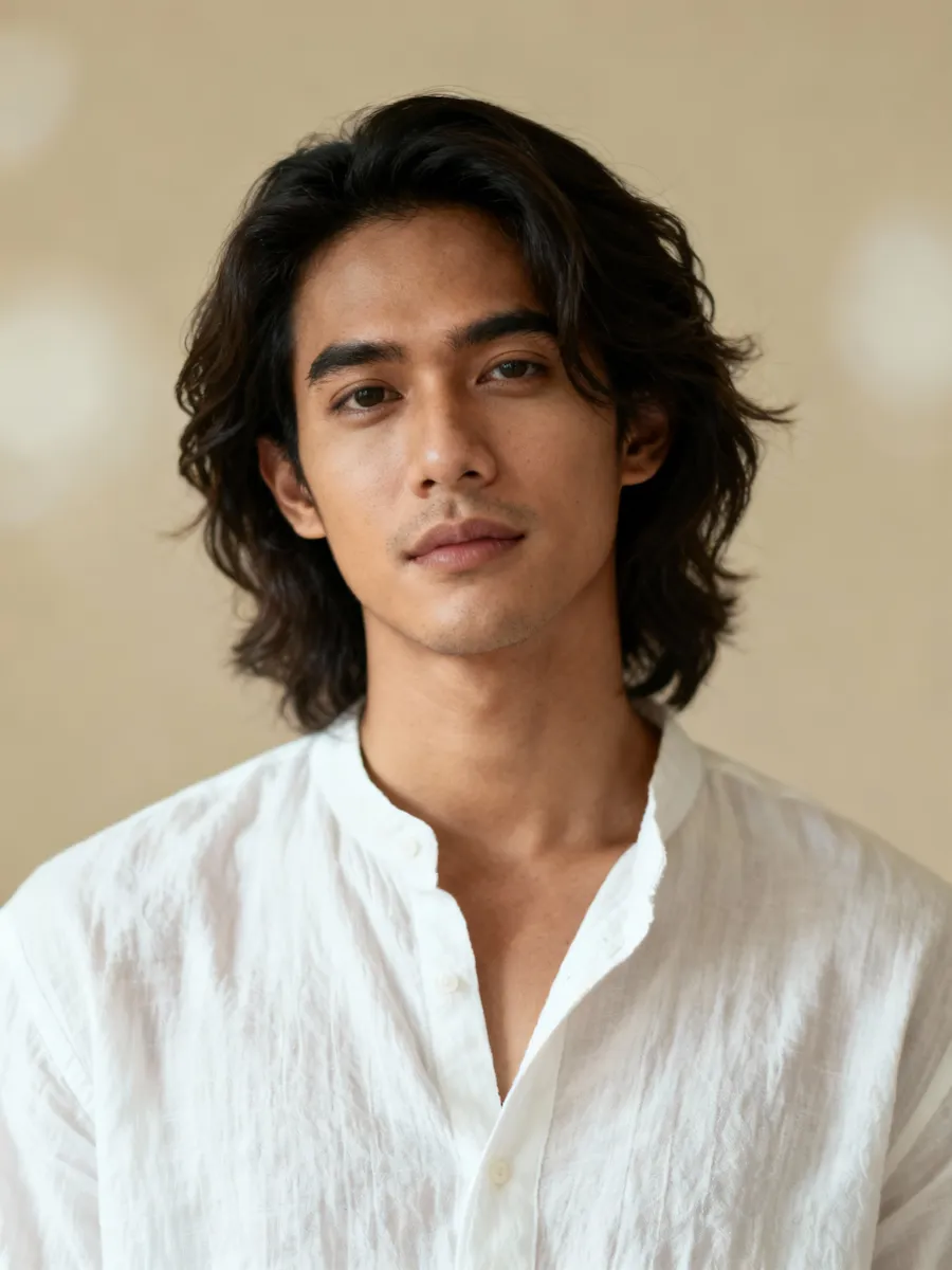 Portrait of a man with medium-length dark hair and a white shirt, set against a neutral background.