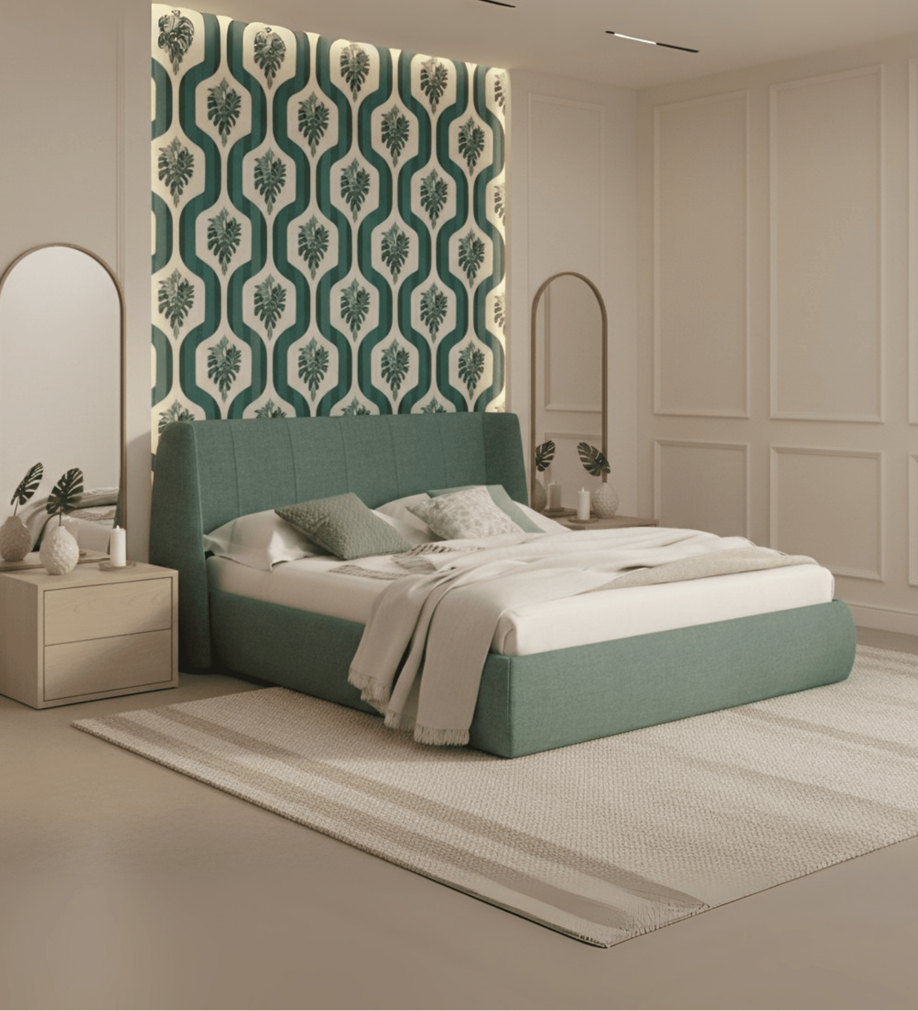 Pastel green-blue bed with tall sculpted headboard.