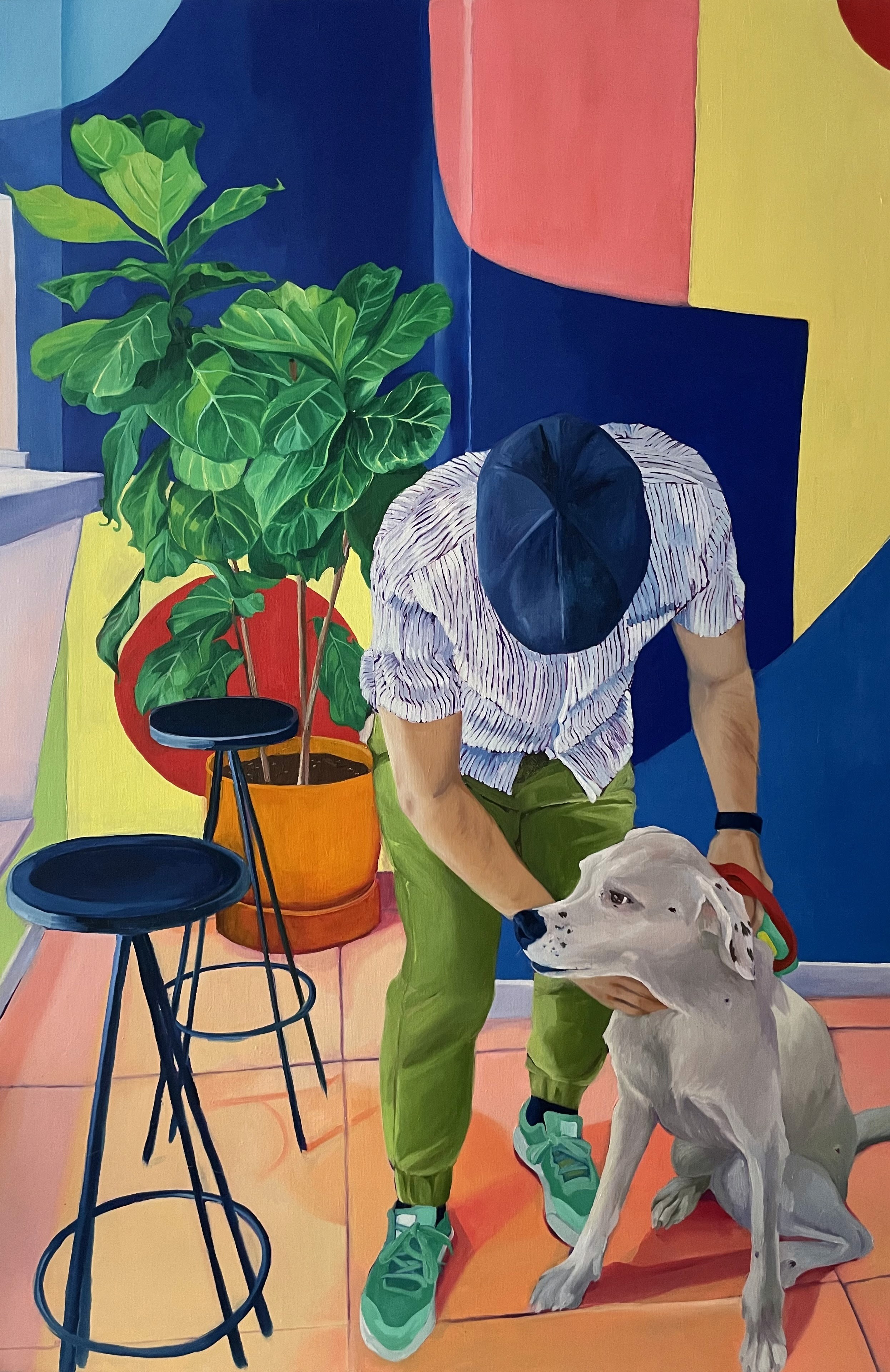 painting of a man bent over to pet his dog, with a large plant behind him, and a colourful wall