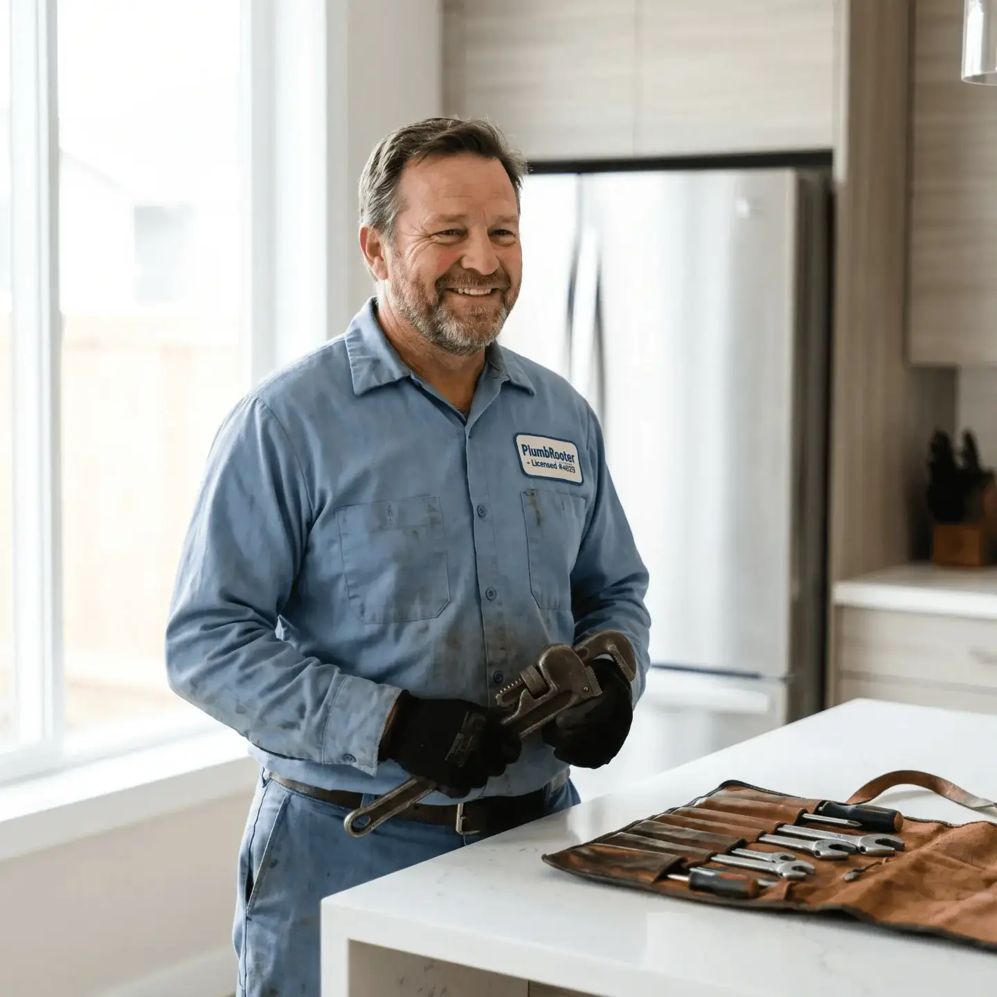 Plumber providing plumbing services throughout a home
