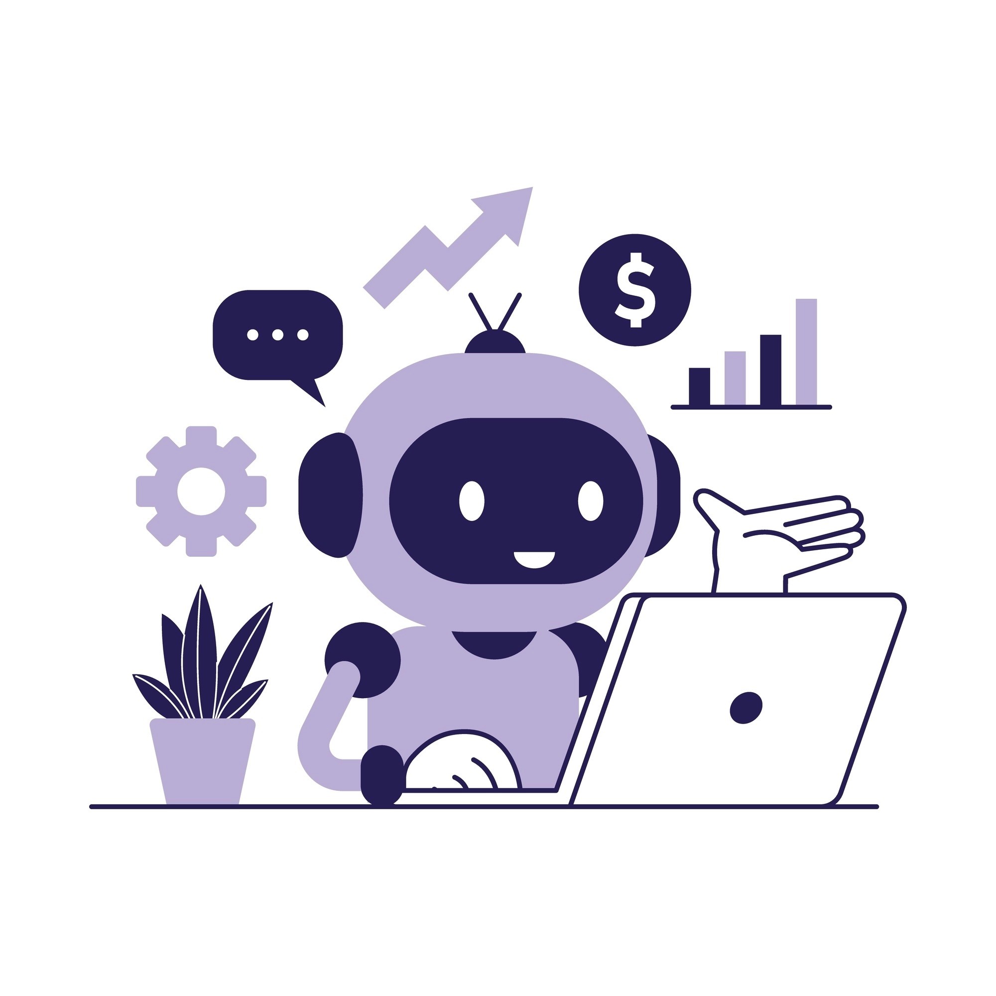 AI robot working on a laptop with growth charts and revenue icons representing automated marketing campaign management