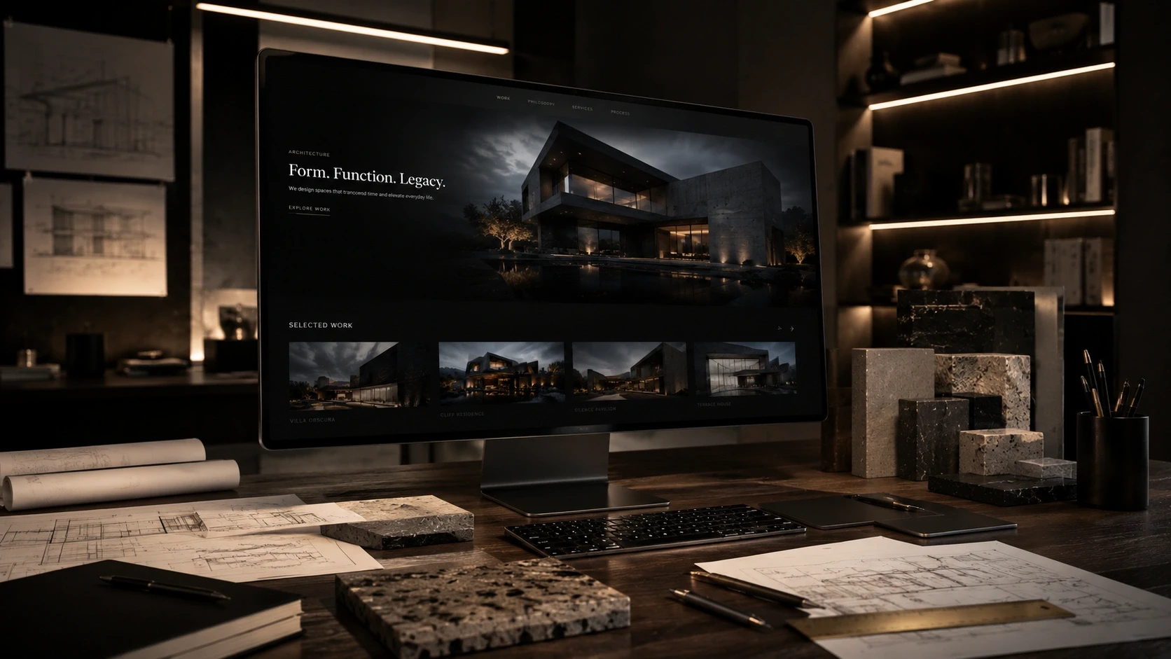 Luxury architecture portfolio website displayed on a desktop monitor inside a premium architect studio with material samples and blueprints.