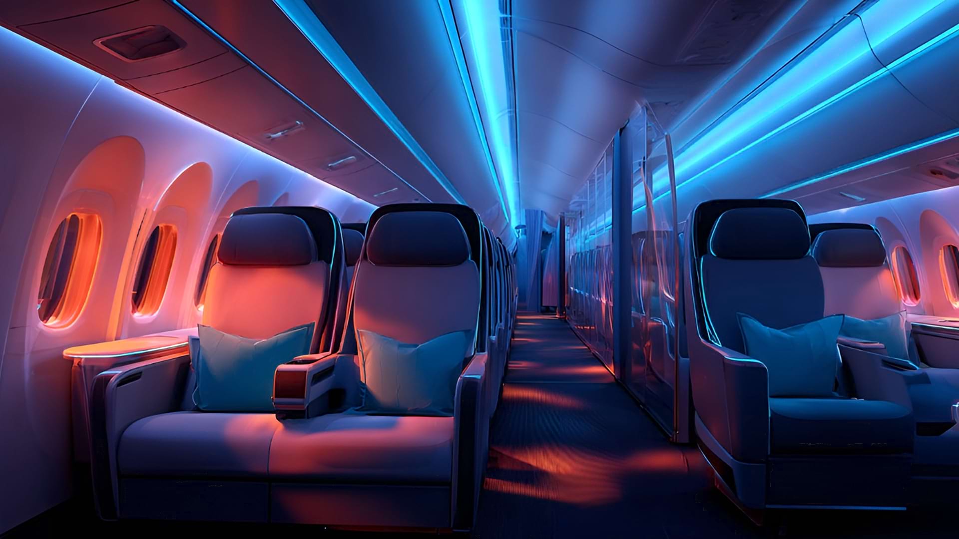 Luxurious airplane cabin with plush seats, ambient blue and orange lighting, and a spacious aisle. The mood is serene and upscale, evoking comfort.