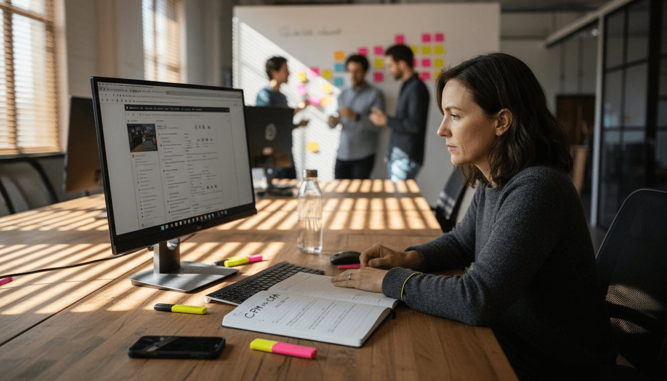 Marketer comparing digital ad models at desk
