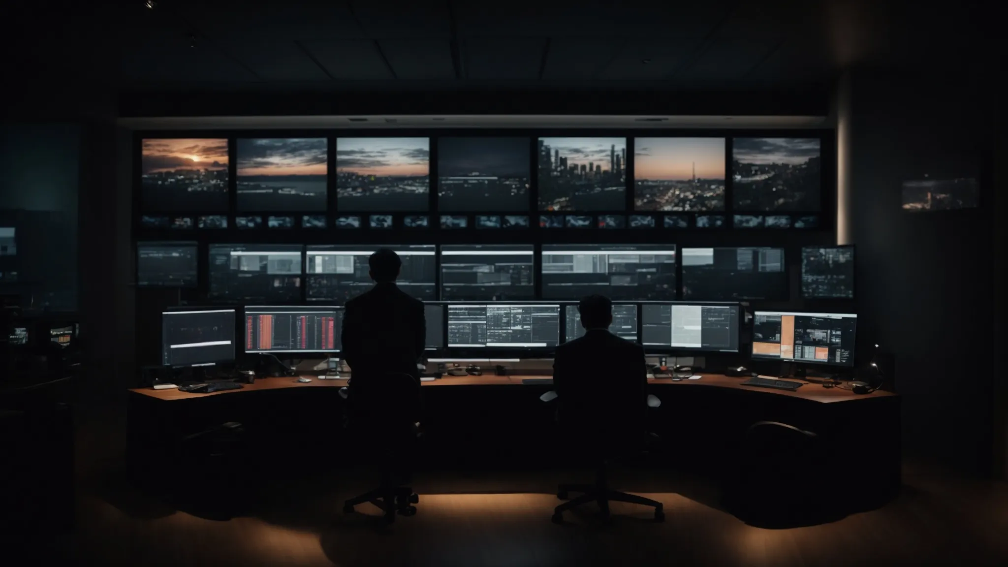 a wide-angle view of a dimly lit editing suite with multiple screens displaying film timelines and a solitary figure focused on adjusting the footage.