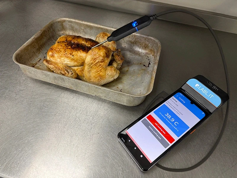 The TempLog probe in a chicken in a commercial kitchen