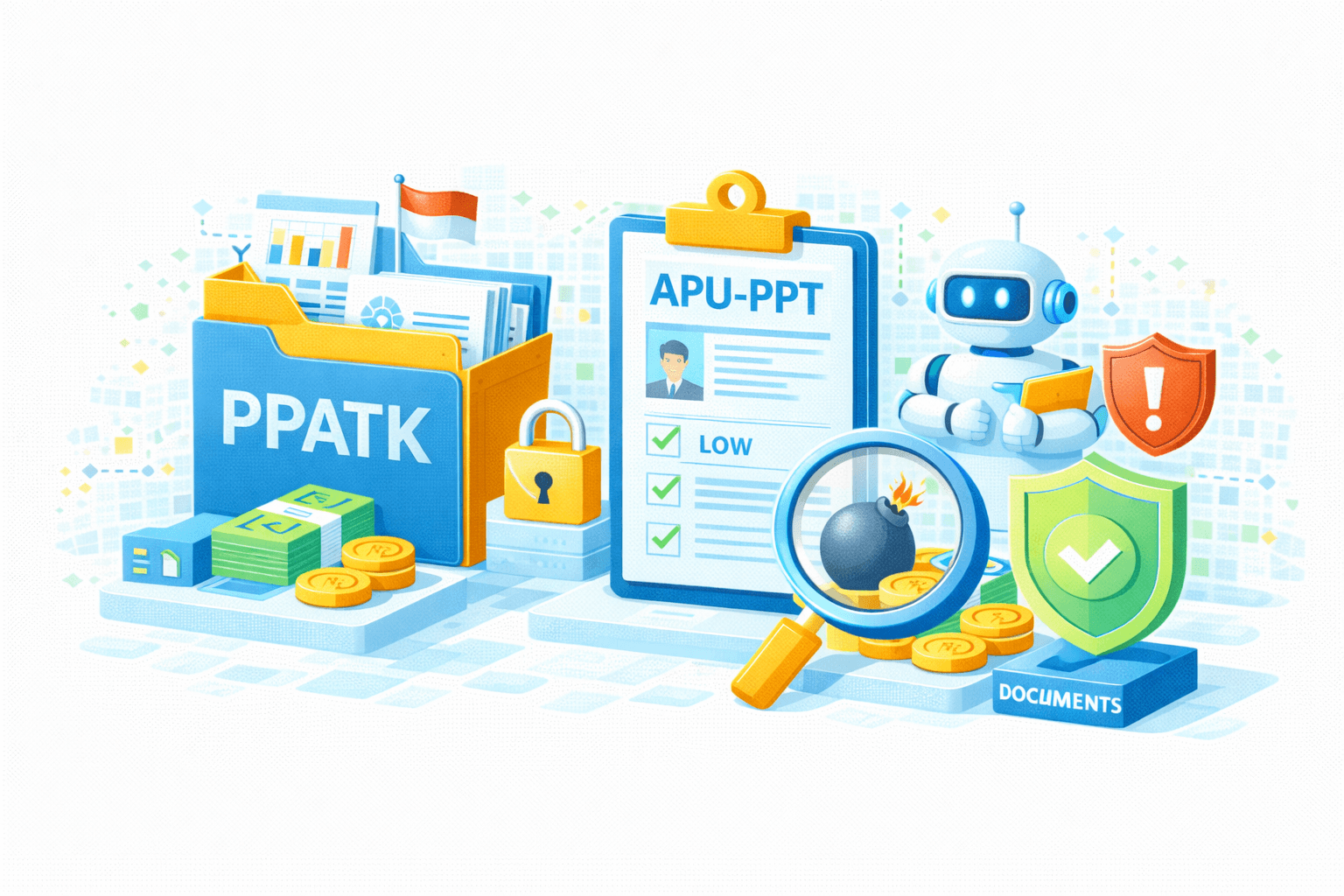 Ilustrasi ekosistem APU‑PPT (Anti Pencucian Uang & Pencegahan Pendanaan Terorisme) terintegrasi dengan PPATK berbasis AI. Di kiri terdapat folder “PPATK” berisi dokumen, grafik, dan laporan, dilengkapi ikon gembok serta uang/koin yang merepresentasikan data transaksi terlindungi. Di tengah, clipboard “APU‑PPT” menampilkan profil nasabah dengan status risiko Low yang tervalidasi (tanda centang). Kaca pembesar menyorot ikon bom sebagai simbol deteksi potensi ancaman/TF yang dianalisis.  Di kanan, AI/robot assistant memegang tablet sebagai dukungan otomasi dan analitik, berdampingan dengan perisai hijau bertanda centang (kepatuhan/approved) dan perisai oranye bertanda peringatan (alert risiko). Label “DOCUMENTS” menandakan arsip terkelola. Visual menggambarkan alur KYC/AML, risk screening, document management, dan kepatuhan regulasi yang aman, terotomasi, dan terhubung dengan PPATK.