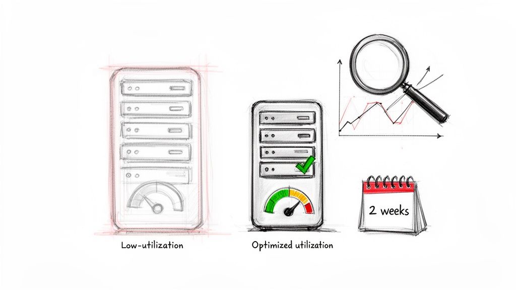 Sketches illustrate server low utilization, then optimized utilization with a checkmark, data analysis, and a 2-week timeline.